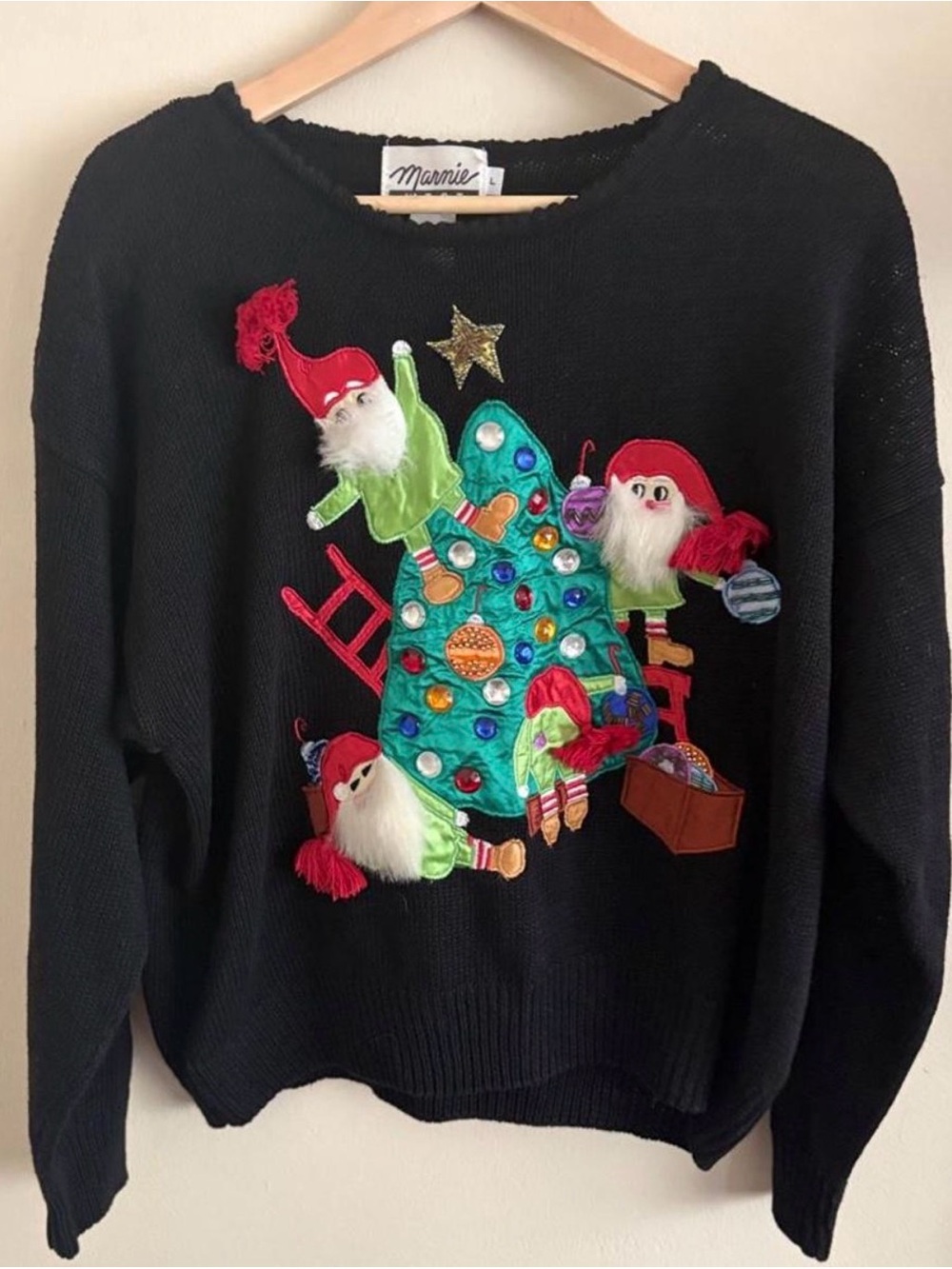 Vintage Marnie West Black Christmas Gnome Appliqué Sweater